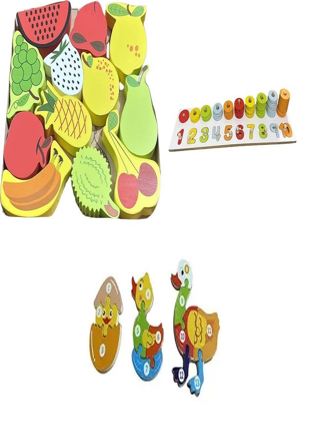 Kinder Creative Fruits Stacking Puzzle,Peg Number Ring Counting Set,Duck Life Cycle Jigsaw Puzzle, Educational Puzzle and Toys for Kids Pack of 3 - Image 1